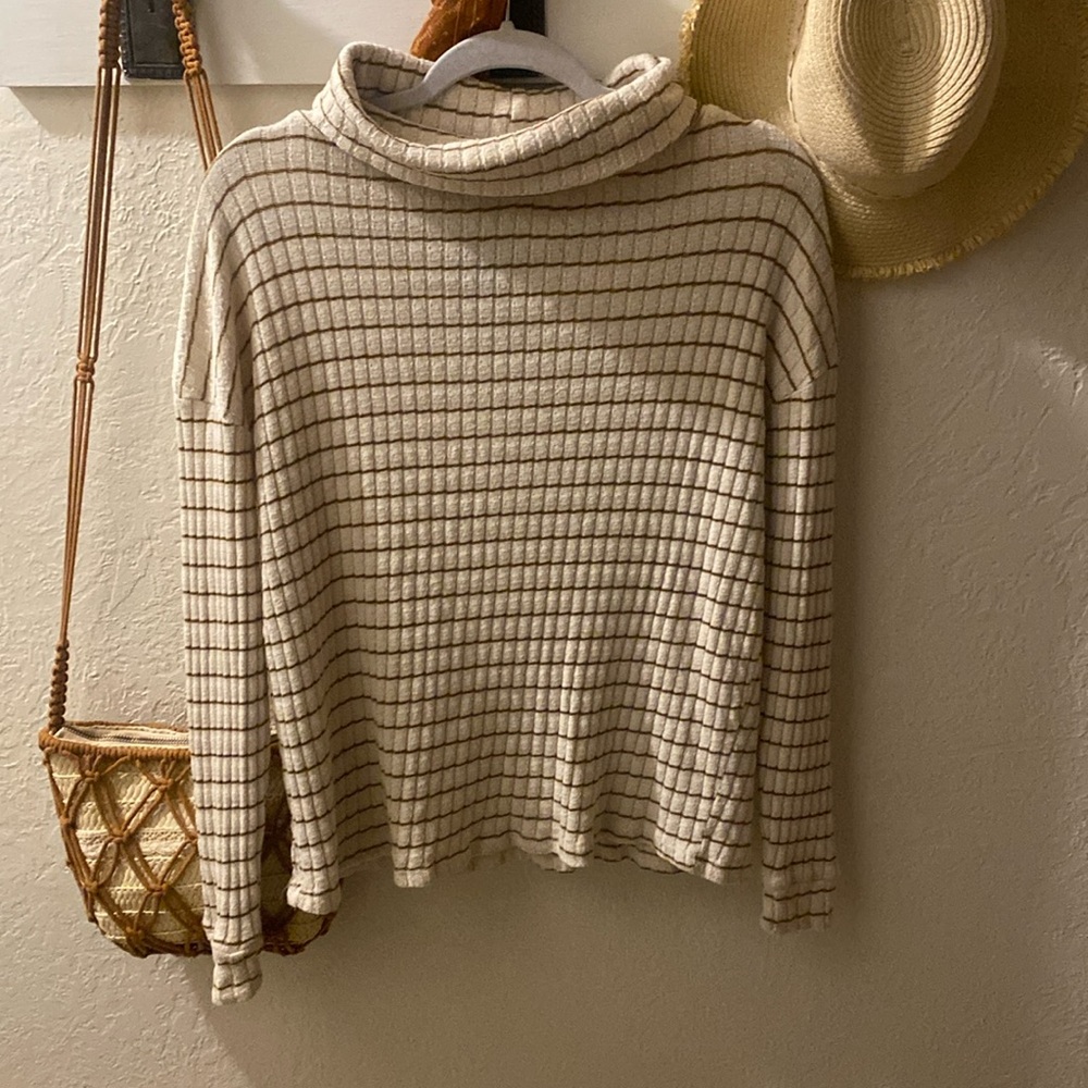 Daytrip Striped Cowl Neck Brown Olive Cream Ribbed Knit Top Women’s Size Small